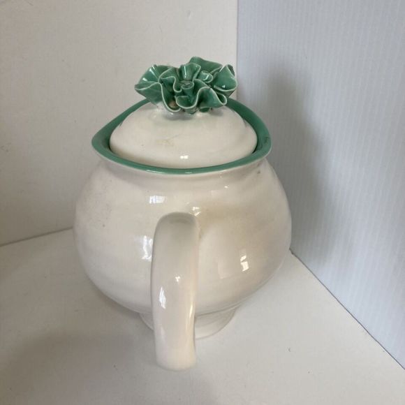 Graces Teaware Fine China White Teapot with Lid Teal Accents Trim 24 oz - Picture 4 of 13